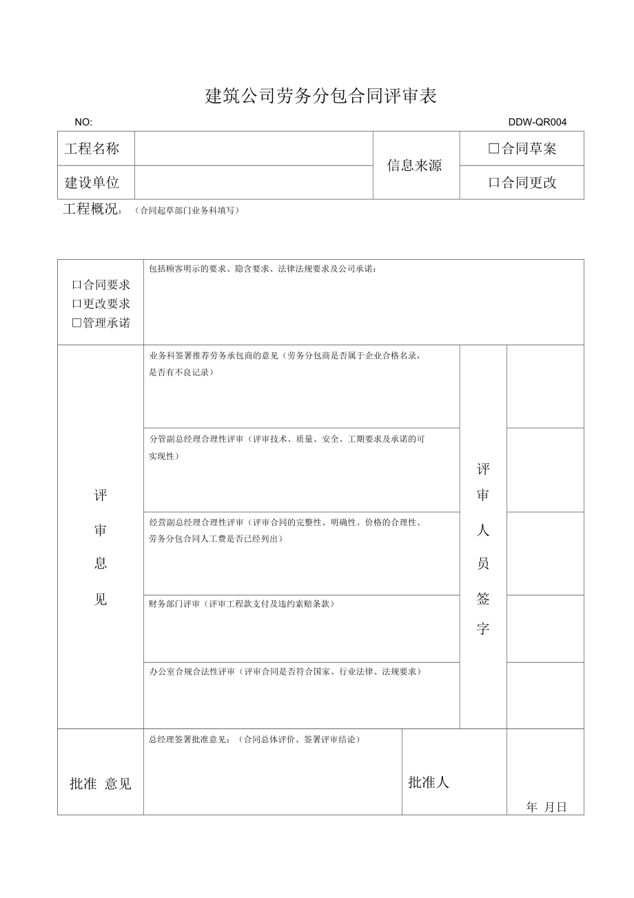 劳务分包合同评审表(带一个劳务招标申请及报价单例子)